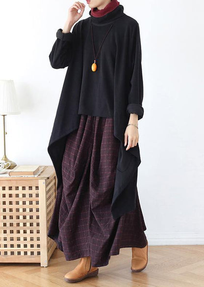 Black Knit Blouse Asymmetric Hem Oversize High Neck Knit Tops