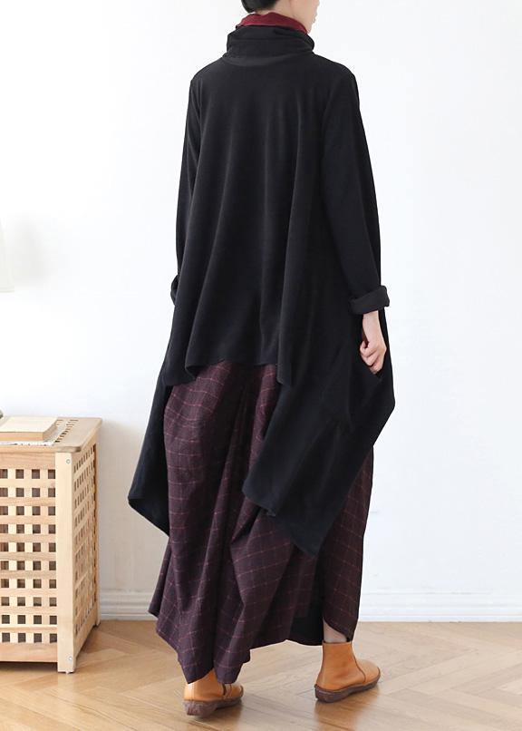 Black Knit Blouse Asymmetric Hem Oversize High Neck Knit Tops