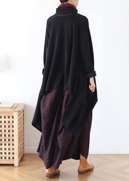 Black Knit Blouse Asymmetric Hem Oversize High Neck Knit Tops