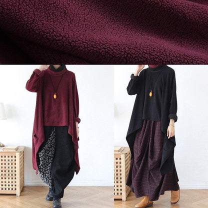 Black Knit Blouse Asymmetric Hem Oversize High Neck Knit Tops