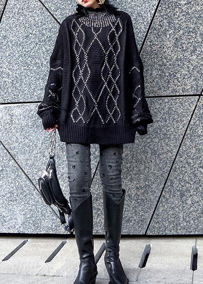 Black Knitted T Shirt Sequined High Neck Sweaters