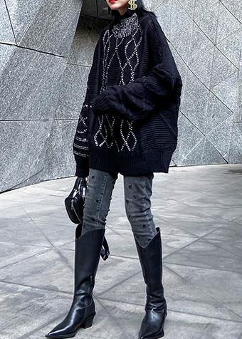 Black Knitted T Shirt Sequined High Neck Sweaters