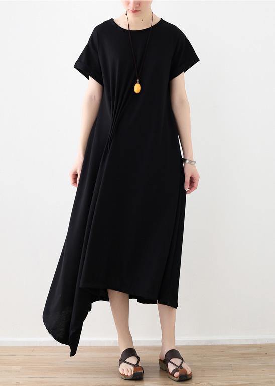 Black Linen Clothes for Asymmetric Hem Long Summer Dress