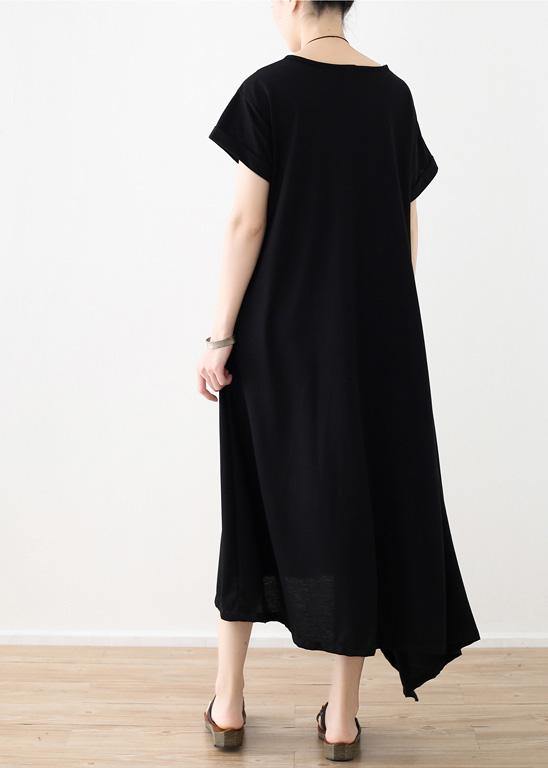 Black Linen Clothes for Asymmetric Hem Long Summer Dress