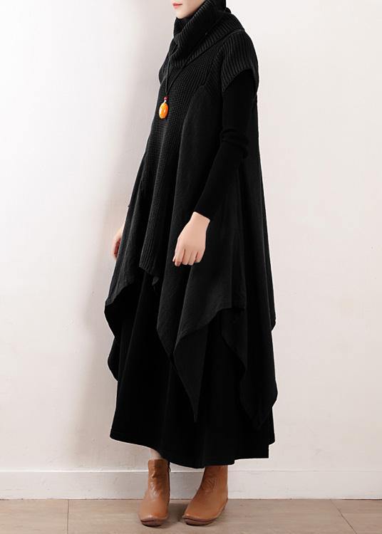 Black Linen Clothes for High Neck Asymmetric Patchwork Fall Dresses