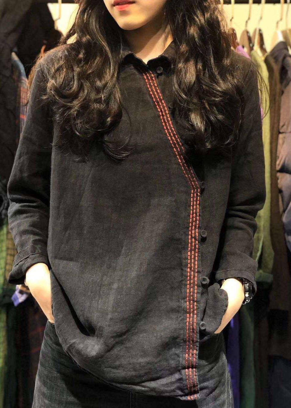Women black linen tunics for women long sleeve Dresses fall shirt