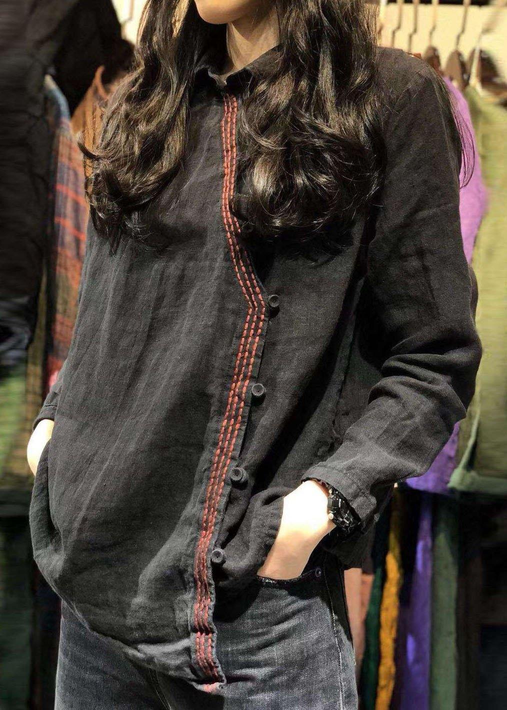 Women black linen tunics for women long sleeve Dresses fall shirt