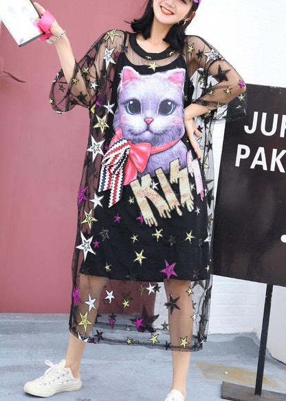 Black Love Cats Cotton Clothes Short Sleeve Summer Dresses