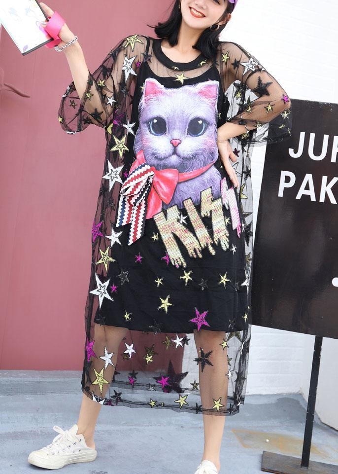 Black Love Cats Cotton Clothes Short Sleeve Summer Dresses