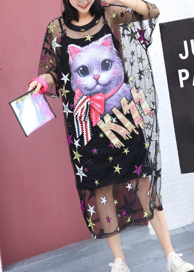 Black Love Cats Cotton Clothes Short Sleeve Summer Dresses