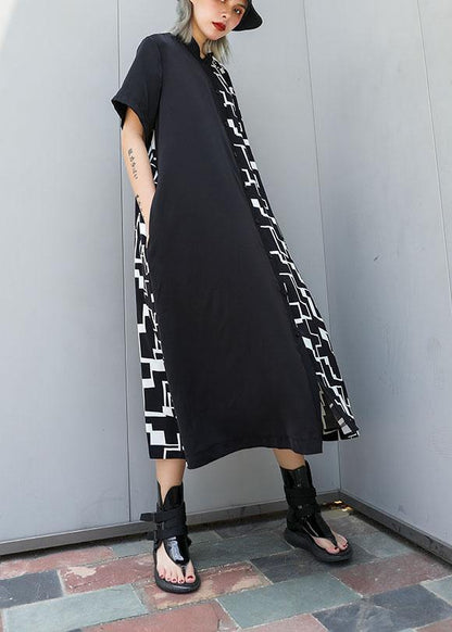 Black Patchwork Cotton Clothes for Square Collar a Line Summer Dresses