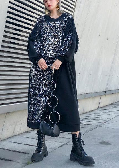 Black Patchwork Cotton Clothes O Neck Tassel Sequined Long Dresses