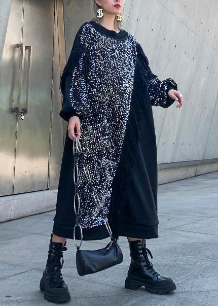 Black Patchwork Cotton Clothes O Neck Tassel Sequined Long Dresses