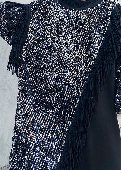 Black Patchwork Cotton Clothes O Neck Tassel Sequined Long Dresses