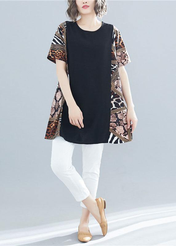 Black Patchwork Cotton Clothes O Neck Art Summer Shirts