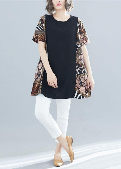 Black Patchwork Cotton Clothes O Neck Art Summer Shirts