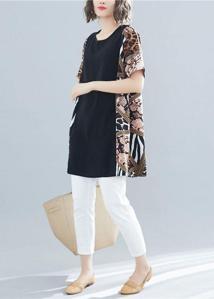 Black Patchwork Cotton Clothes O Neck Art Summer Shirts