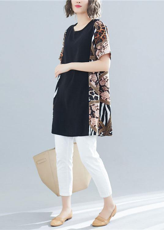 Black Patchwork Cotton Clothes O Neck Art Summer Shirts
