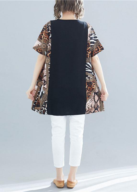 Black Patchwork Cotton Clothes O Neck Art Summer Shirts