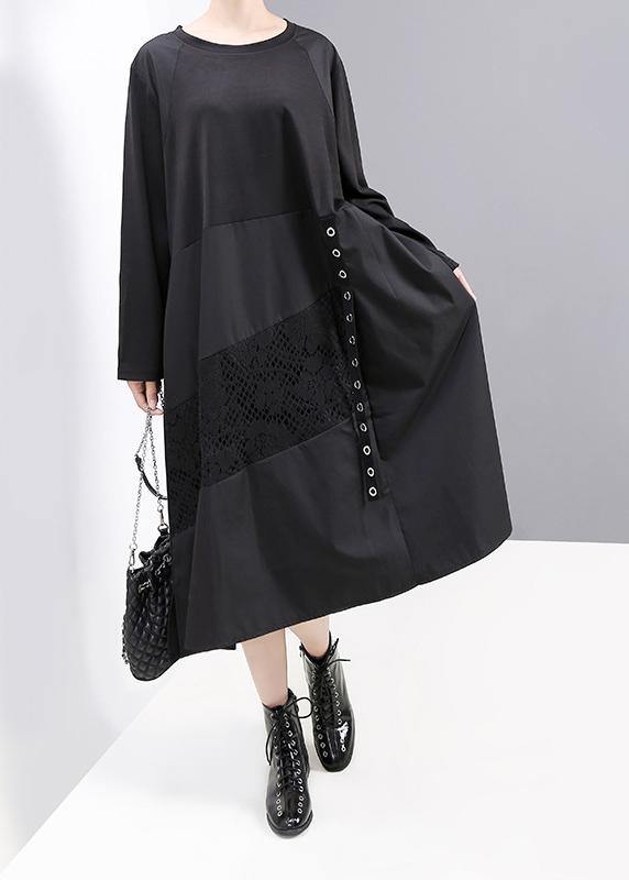 Black Patchwork Cotton Quilting Dresses Long Sleeve Robe O Neck Dresses