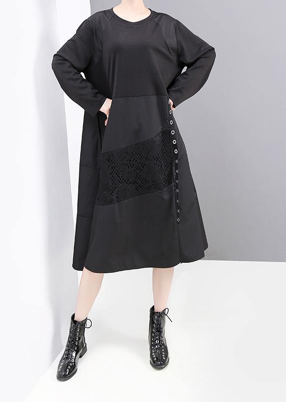 Black Patchwork Cotton Quilting Dresses Long Sleeve Robe O Neck Dresses