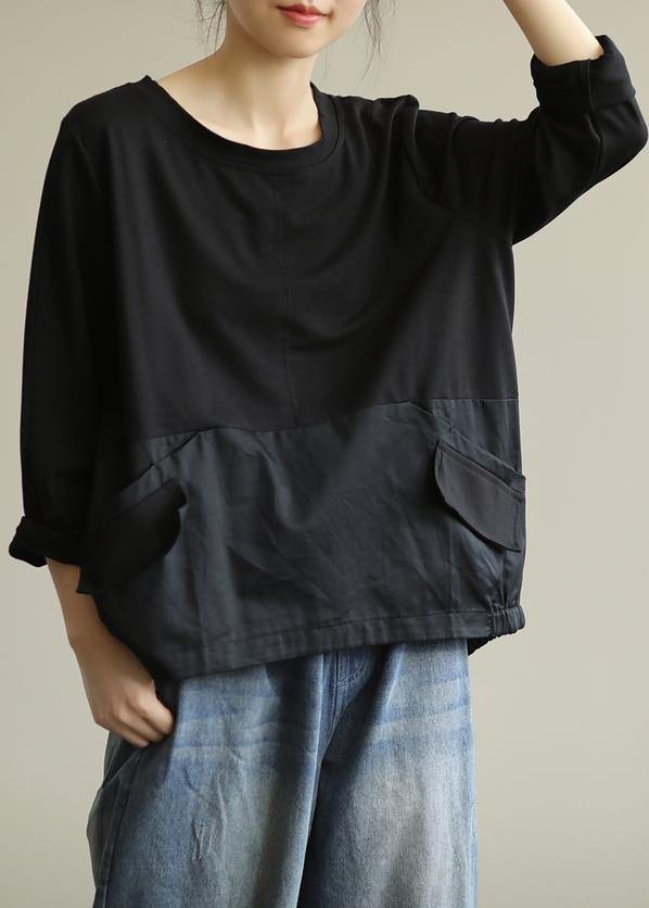 Women black patchwork plaid shirts o neck tunic blouse
