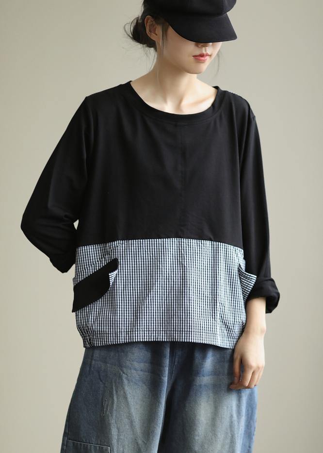 Black Patchwork Plaid Shirts O Neck Tunic Blouse