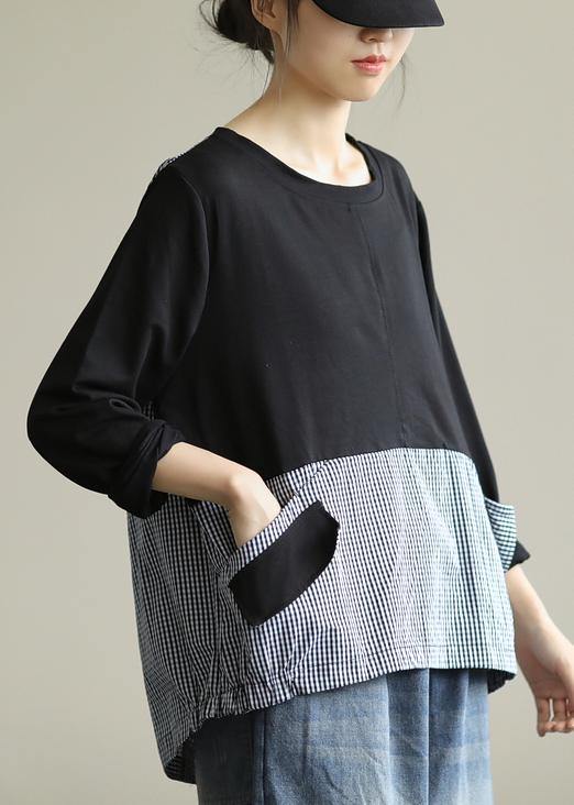 Women black patchwork plaid shirts o neck tunic blouse