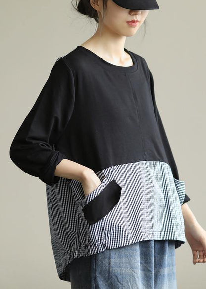 Women black patchwork plaid shirts o neck tunic blouse