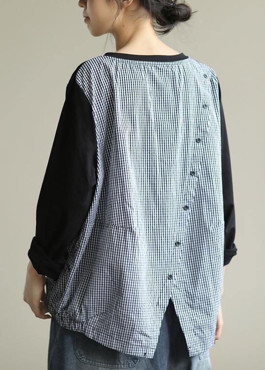 Women black patchwork plaid shirts o neck tunic blouse