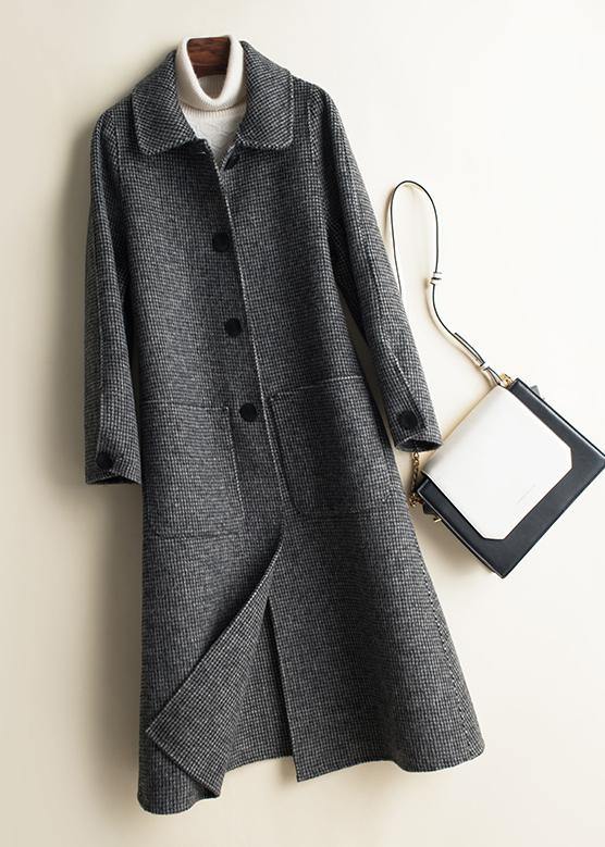 Black Plaid Fine Tunic Woolen Coatswork Peter Pan Collar Button Down Woolen Coats
