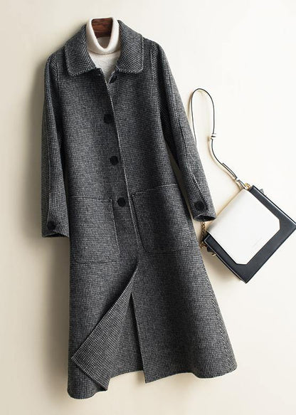 Black Plaid Fine Tunic Woolen Coatswork Peter Pan Collar Button Down Woolen Coats