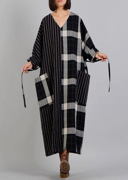 Black Plaid Cotton Dress V Neck Patchwork Large Pockets Fall Dresses