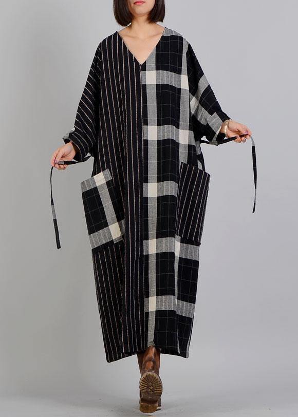 Black Plaid Cotton Dress V Neck Patchwork Large Pockets Fall Dresses