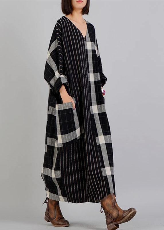 Black Plaid Cotton Dress V Neck Patchwork Large Pockets Fall Dresses