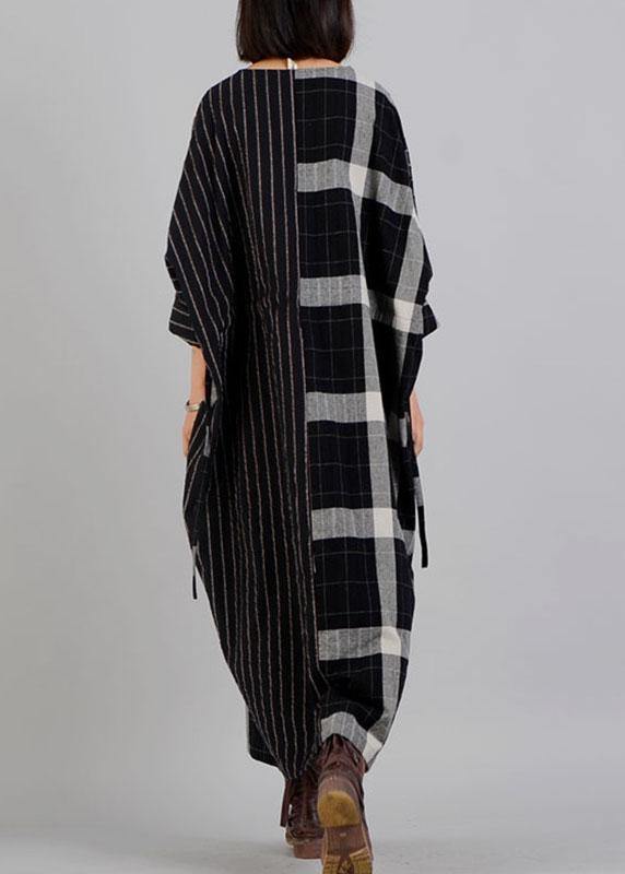 Black Plaid Cotton Dress V Neck Patchwork Large Pockets Fall Dresses