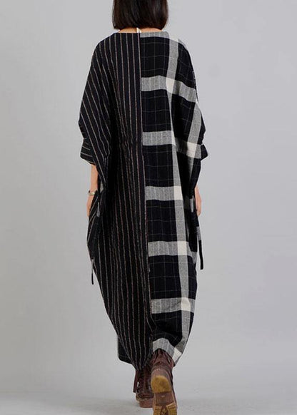 Black Plaid Cotton Dress V Neck Patchwork Large Pockets Fall Dresses