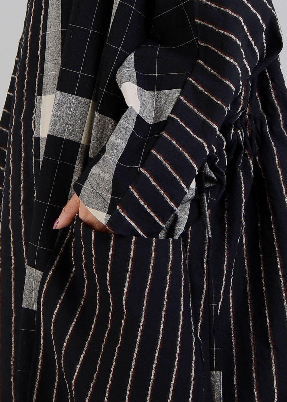 Black Plaid Cotton Dress V Neck Patchwork Large Pockets Fall Dresses