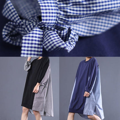 Black Plaid Outfit O Neck Patchwork Tunic Dresses