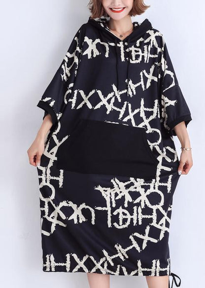 Black Print Cotton Work Outfits Pockets Summer Dresses