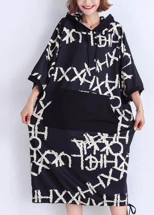 Black Print Cotton Work Outfits Pockets Summer Dresses