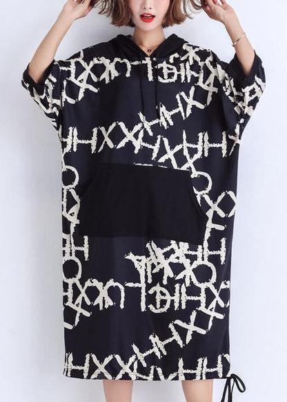 Black Print Cotton Work Outfits Pockets Summer Dresses