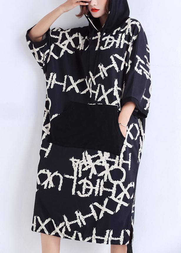 Black Print Cotton Work Outfits Pockets Summer Dresses