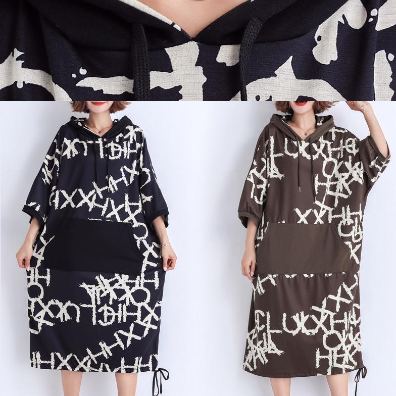 Black Print Cotton Work Outfits Pockets Summer Dresses