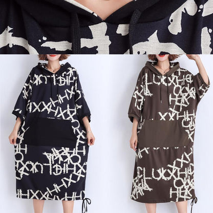 Black Print Cotton Work Outfits Pockets Summer Dresses