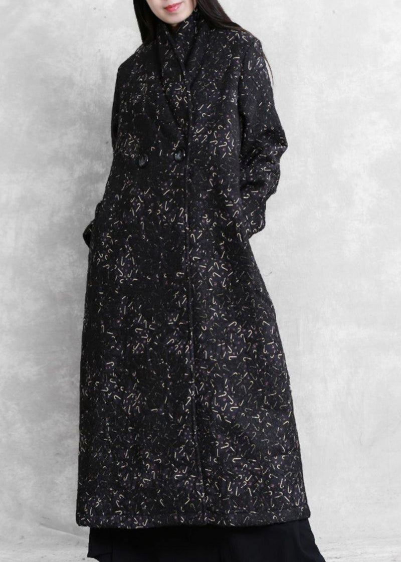 Black Print Tunic Coat Ideas Notched Pockets Coat