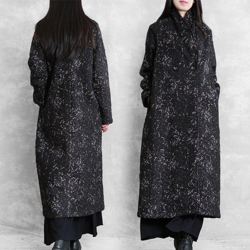 Black Print Tunic Coat Ideas Notched Pockets Coat