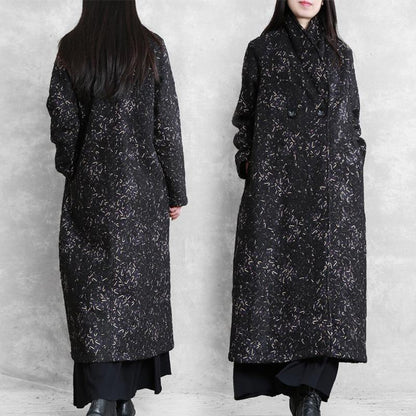 Black Print Tunic Coat Ideas Notched Pockets Coat