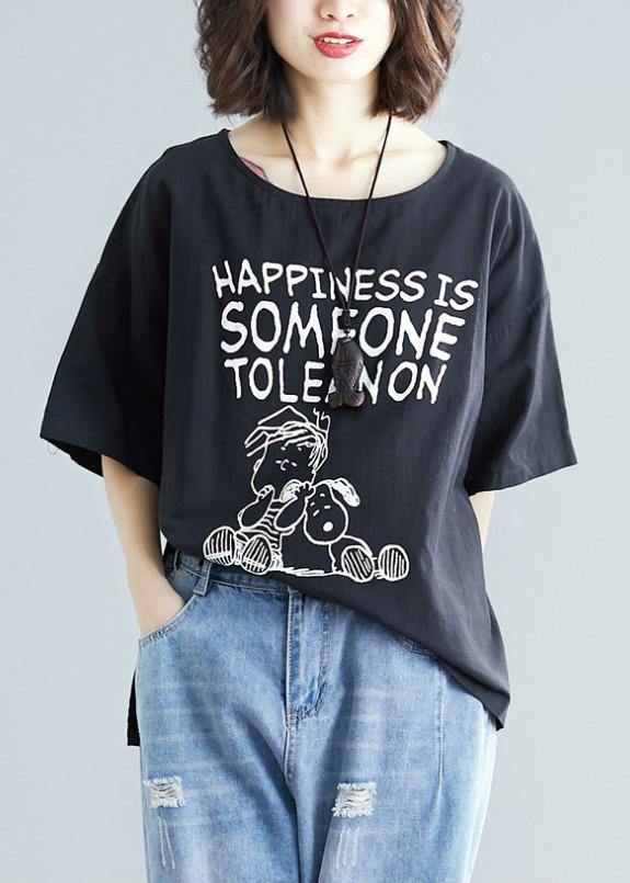 Black Print Cotton Linen Top Silhouette Design O Neck Baggy Shirt