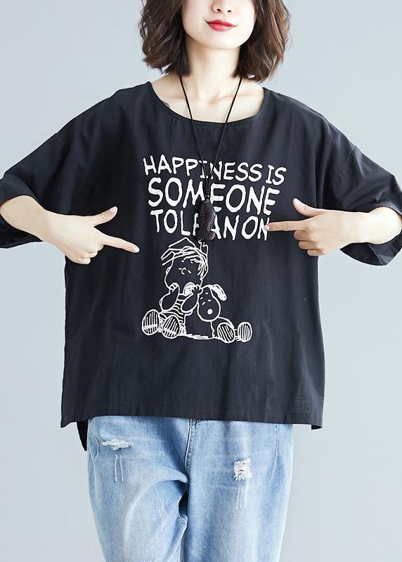 Black Print Cotton Linen Top Silhouette Design O Neck Baggy Shirt